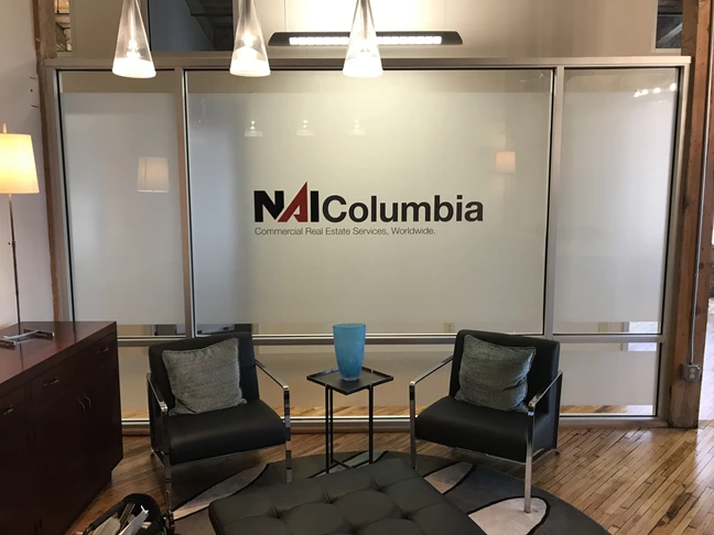 Interior Signage & Indoor Signs-NAI Columbia vinyl lobby with frosted